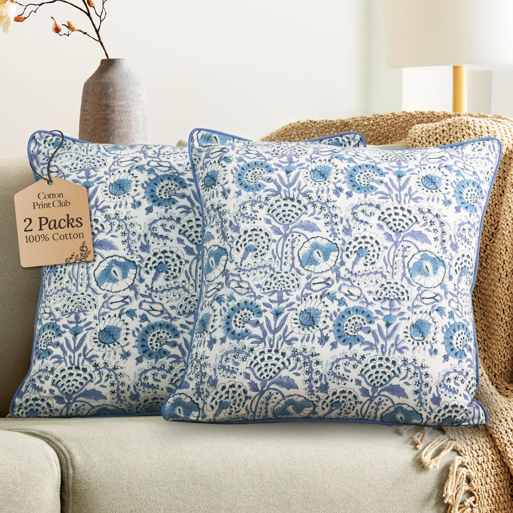 Photo 1 of CPC 100% Cotton Throw Pillow Covers 20x20 Inch, Set of 2 Blue Block Print Pattern Couch Pillow, Cute Boho Decorative Pillows for Living Room, Bedroom with Hidden Zipper- Indigo Blue