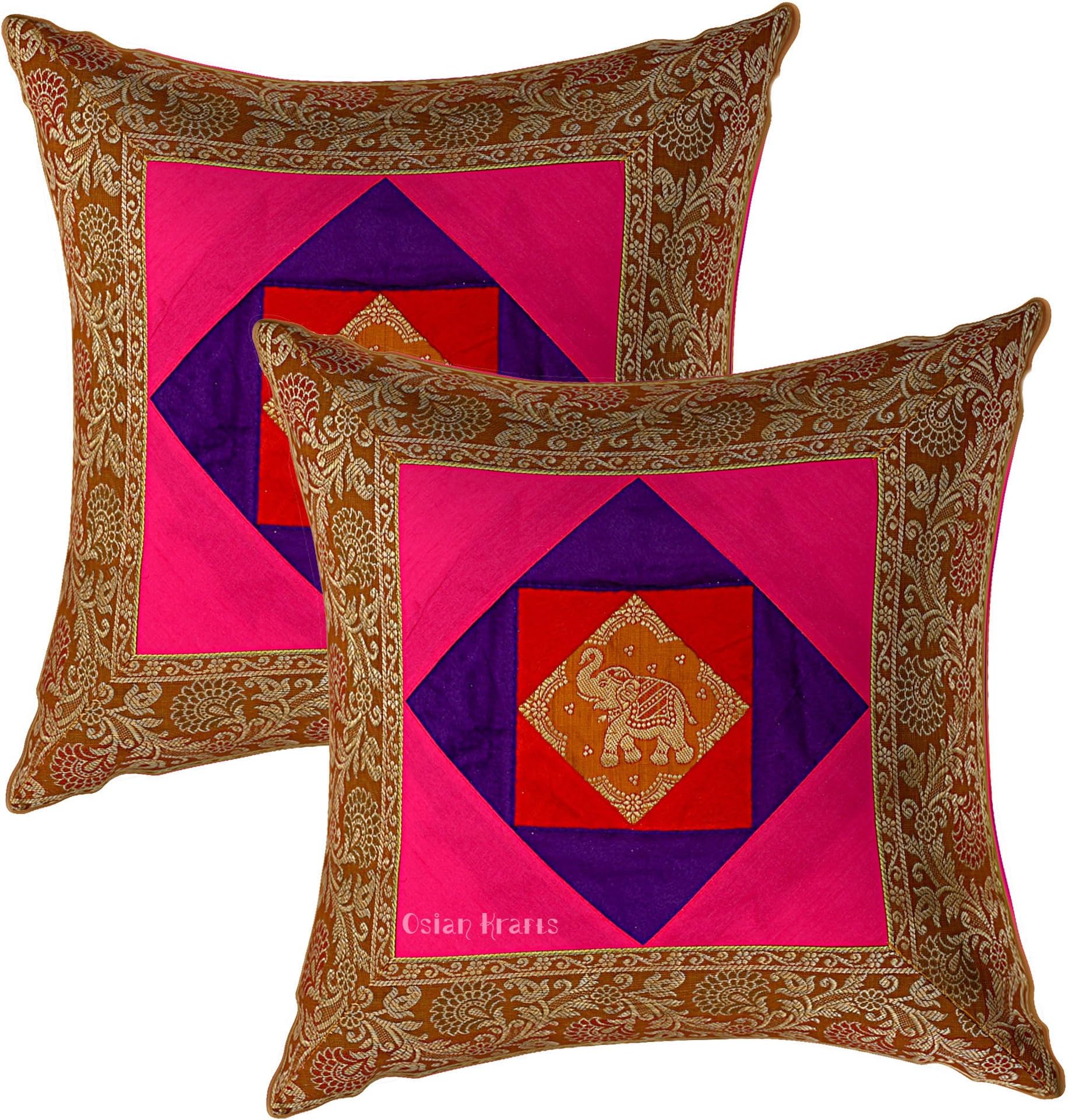 Osian Krafts Brocade & Polyester Velvet Elephant Patchwork Ethnic Home Decor 16x16 Inch Pillow Cushion Cover Pair, Brown & Pink
