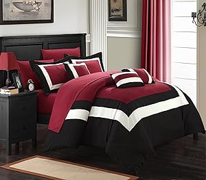 Chic Home Duke 10 Pieced Color Block Bed in A Bag Comforter Sheet Set, Queen, Red
