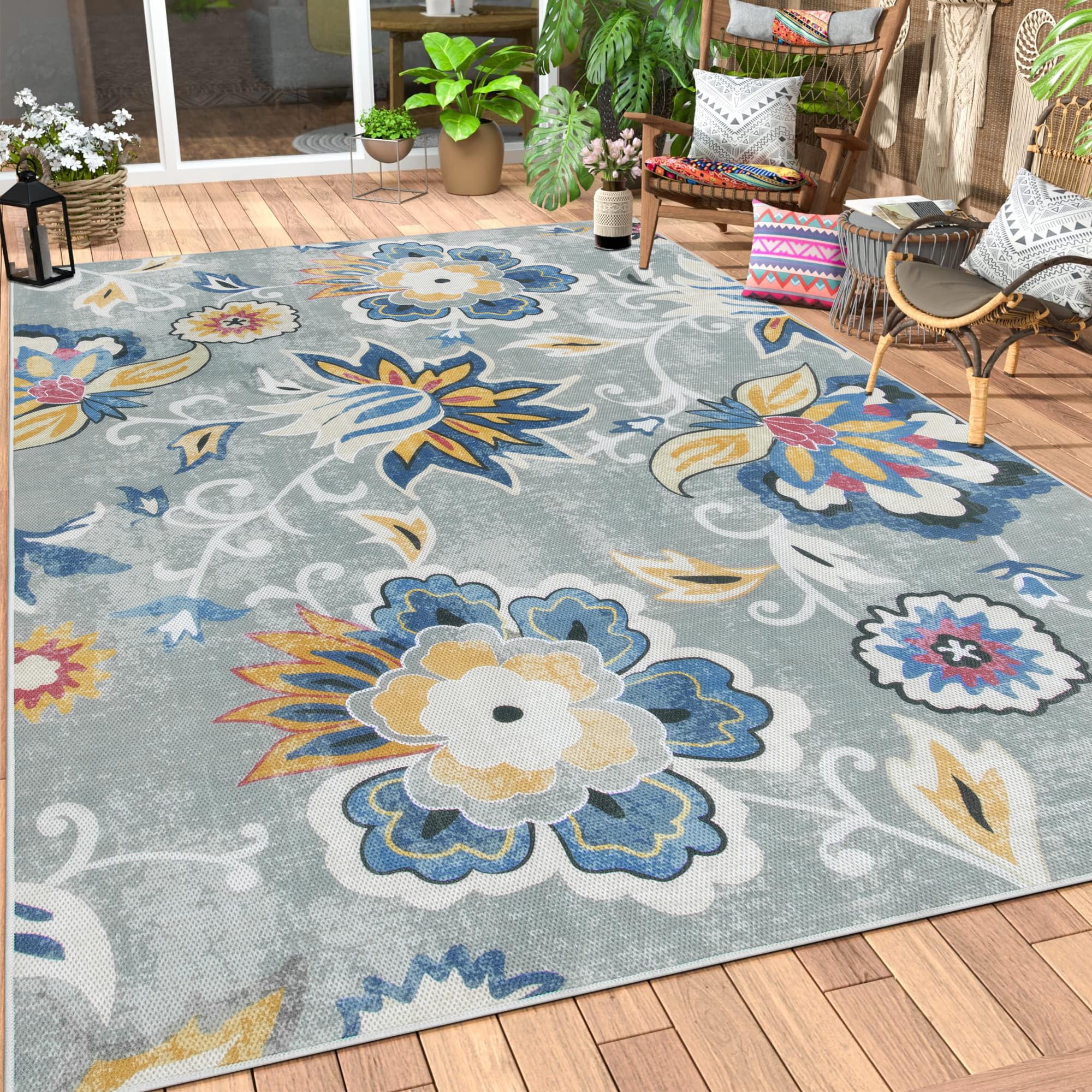 Photo 1 of Lahome Floral Indoor Outdoor Rugs, 6x9ft Non Slip Outdoor Patio Rug for Balcony Deck, Soft Outdoor Area Rug for Camping PicnicBackyard, RV Outdoor Rugs for Living Room Dining Bedroom,Multi