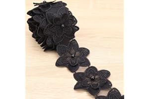 DHFLYDH Organza Flower Trim 2 Yards Lace Edge Trim Ribbon, Vintage Edging Trimmings Fabric Embroidered Applique Sewing Craft for Wedding Dress Embellishment DIY Dress Decor, Gowns, Home Decor (Black)