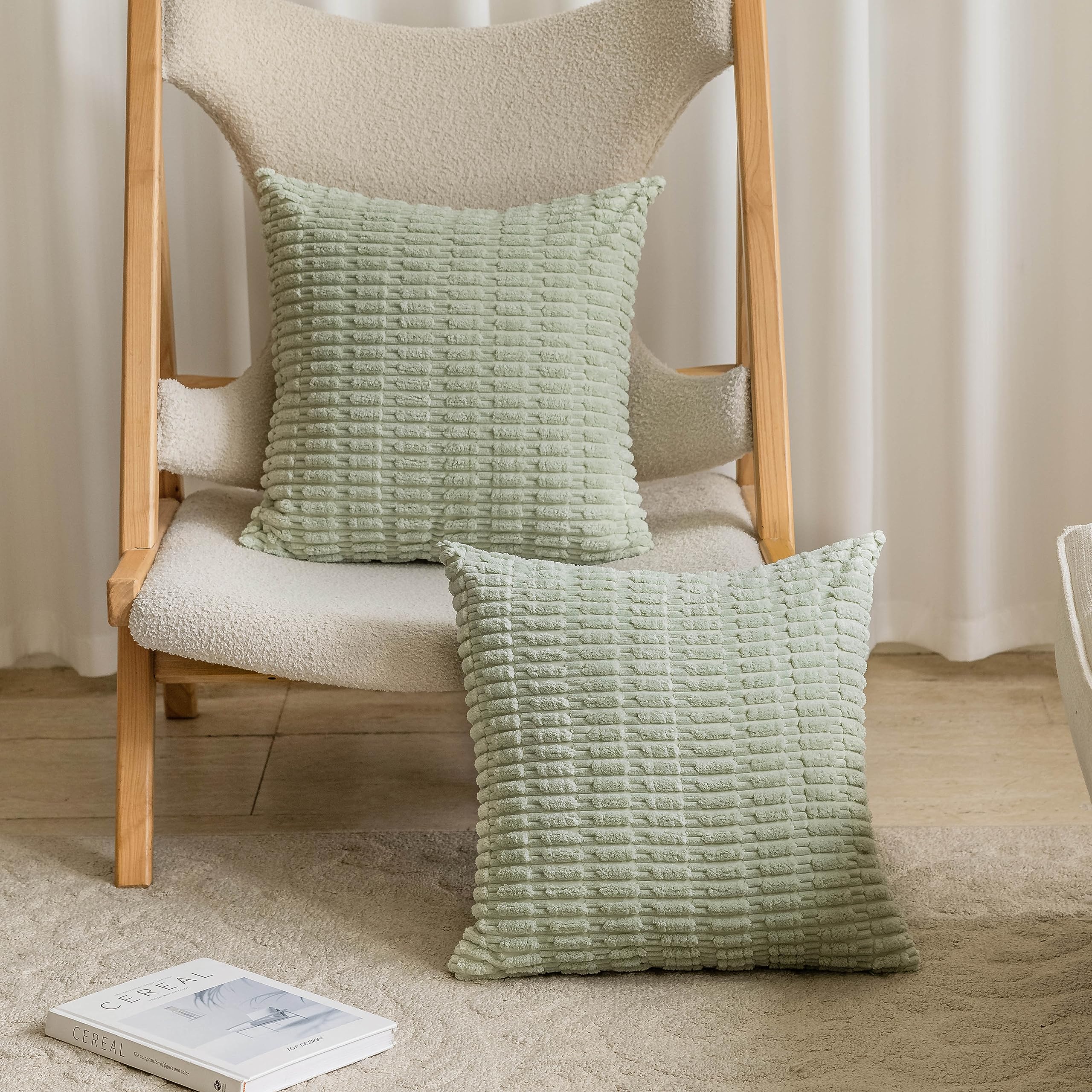 Home Brilliant Green Cushion Covers Supersoft, Striped Corduroy Cushions for Couch Sofa Bed, Decorative Durable Cushion Covers Summer 18x18 Set of 2, Light Green, 45cm