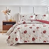Shxime Floral Quilt Set 3 Pieces Queen Size White with Rose Botanical Spring Flower Quilt Bedding Set, Microfiber Lightweight Bedspread, Coverlet Set for All Seasons