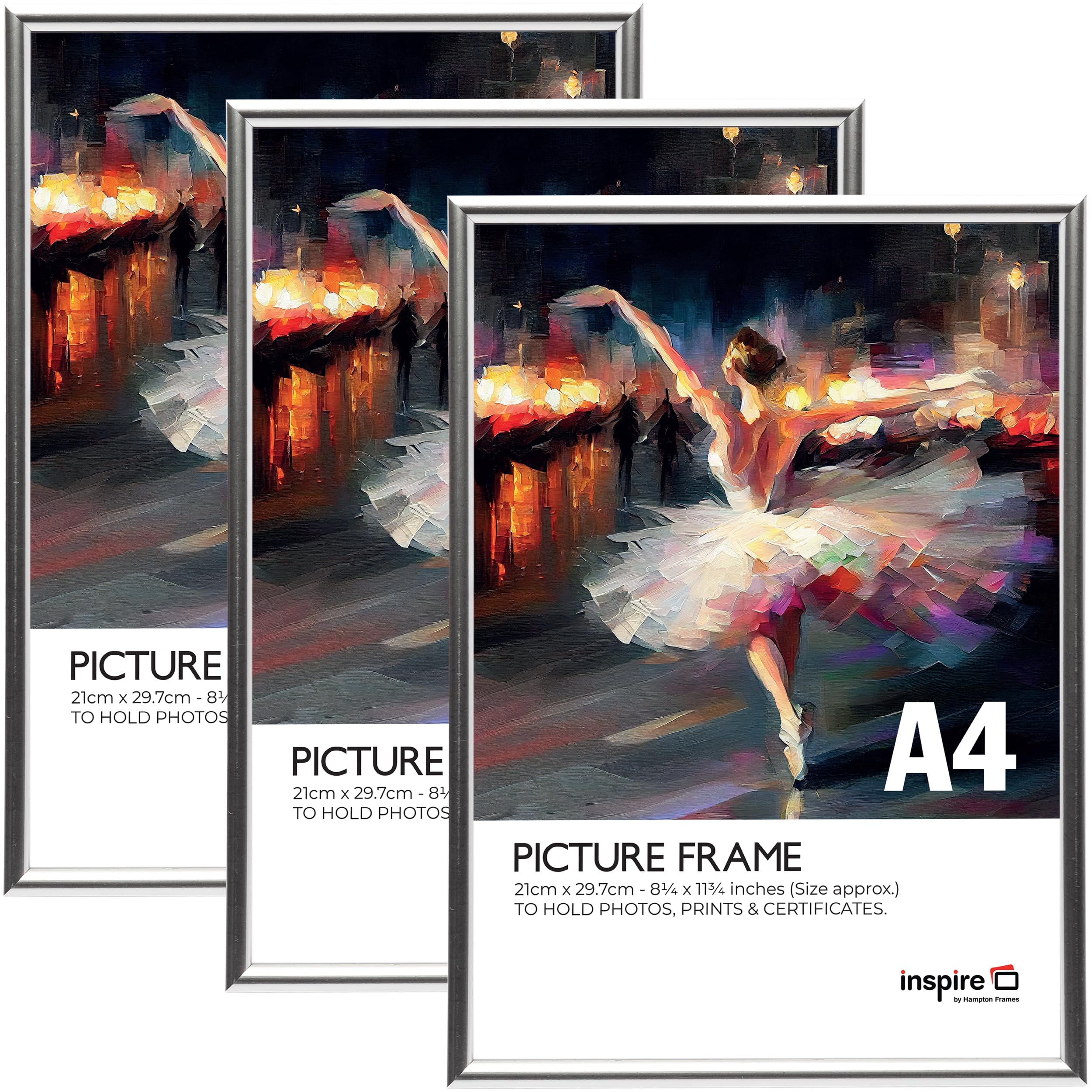 Inspire By Hampton BACKLOADER A4 (21x29.7cm) Silver Poster Frame Acrylic (Non-Glass) Front Pack of 3