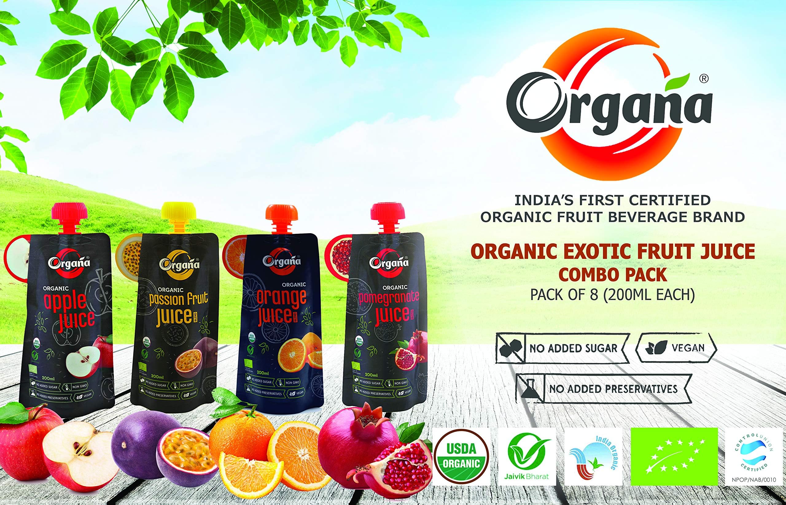 Organa Organic Exotic Fruit Juice Combo Pack ( Pack of 8) Pouch, 8 x 200 ml
