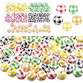 Rustark 100Pcs 16mm 5 Colors Buffalo Plaid Wood Beads Assortment Kit, Natural Craft Round Wood Beads with Holes Print Wooden Beads for DIY Crafts Garland Jewelry Making
