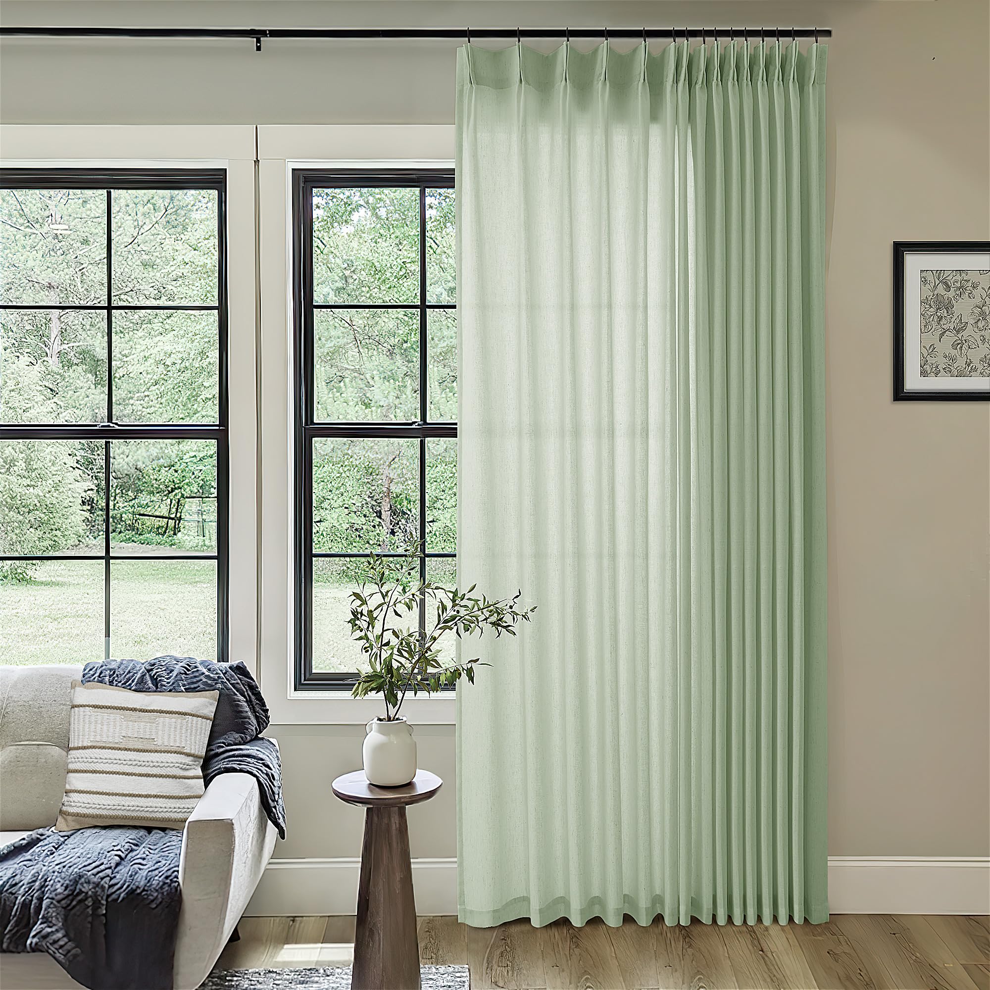 Pinch Pleat Linen Sheer Curtains 90 Inches Long 100 Inch Wide for Patio Sliding Door Light Filtering Semi Sheer Pleated Drapes Back Tab Sage Green Extra Wide 100 x 90 Curtain for Living Dining Room