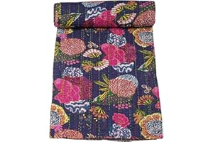 Marubhumi Indian Handmade Stitched Pure Cotton Fruit Print Kantha Quilt, Reversible Kantha Quilt (Navy, King (108"x 108"))