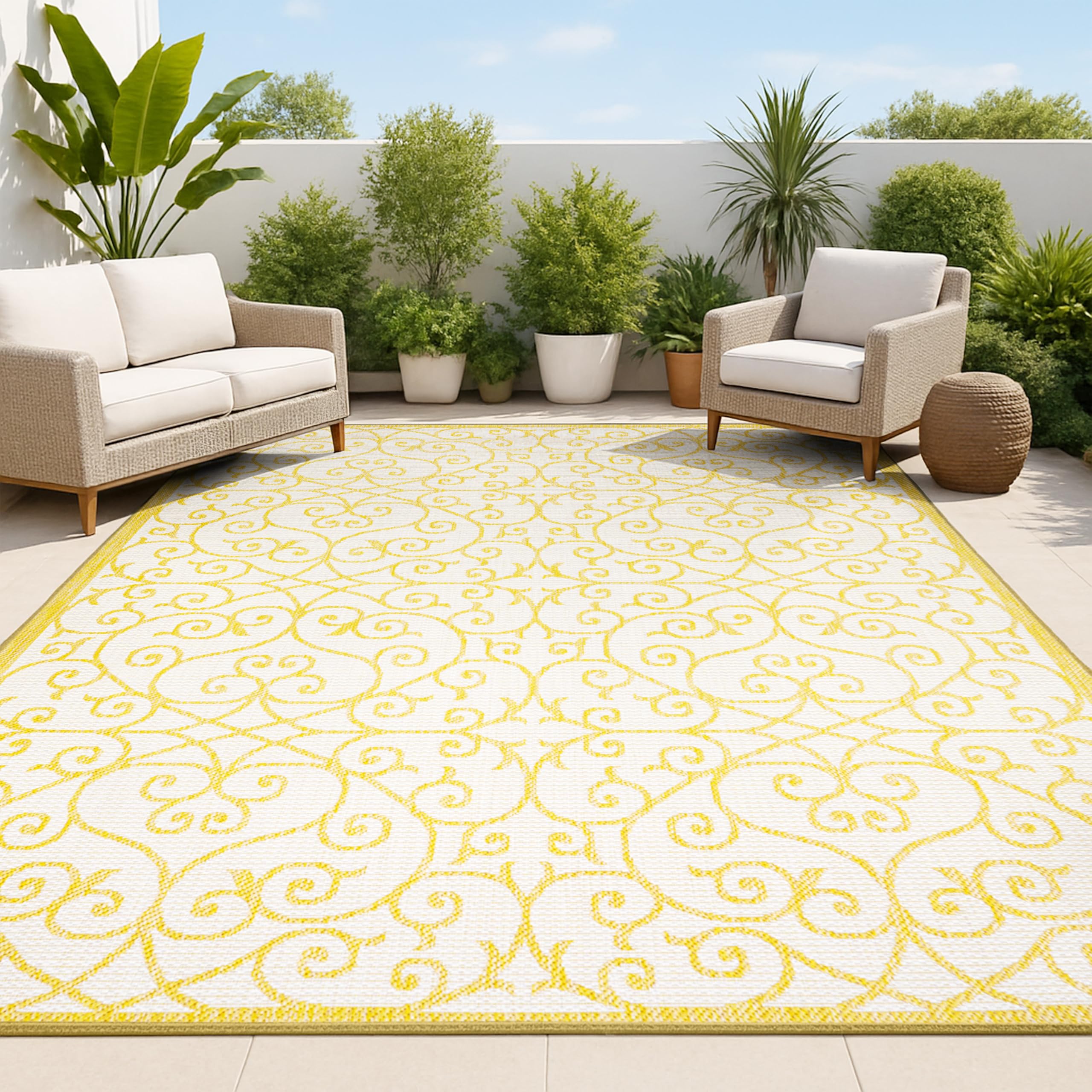 JONATHAN Y Vintage Filigree Indoor Outdoor Area Rug 8X10 Cream/Yellow, Madrid Textured Weave for Backyard, Patio, Porch, Easy-Cleaning, High Traffic, Pet-Friendly, Non-Shedding (SMB107D-8) Image