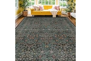HAZO HAUS Washable Dark Green Rug for Living Room - 9x12 Large Area Rug for Dining Room Under Table, Bedroom, Soft Low Pile Non-Slip Stain Resistant Carpet - Vintage Floral Design (9x12 Dark Green)