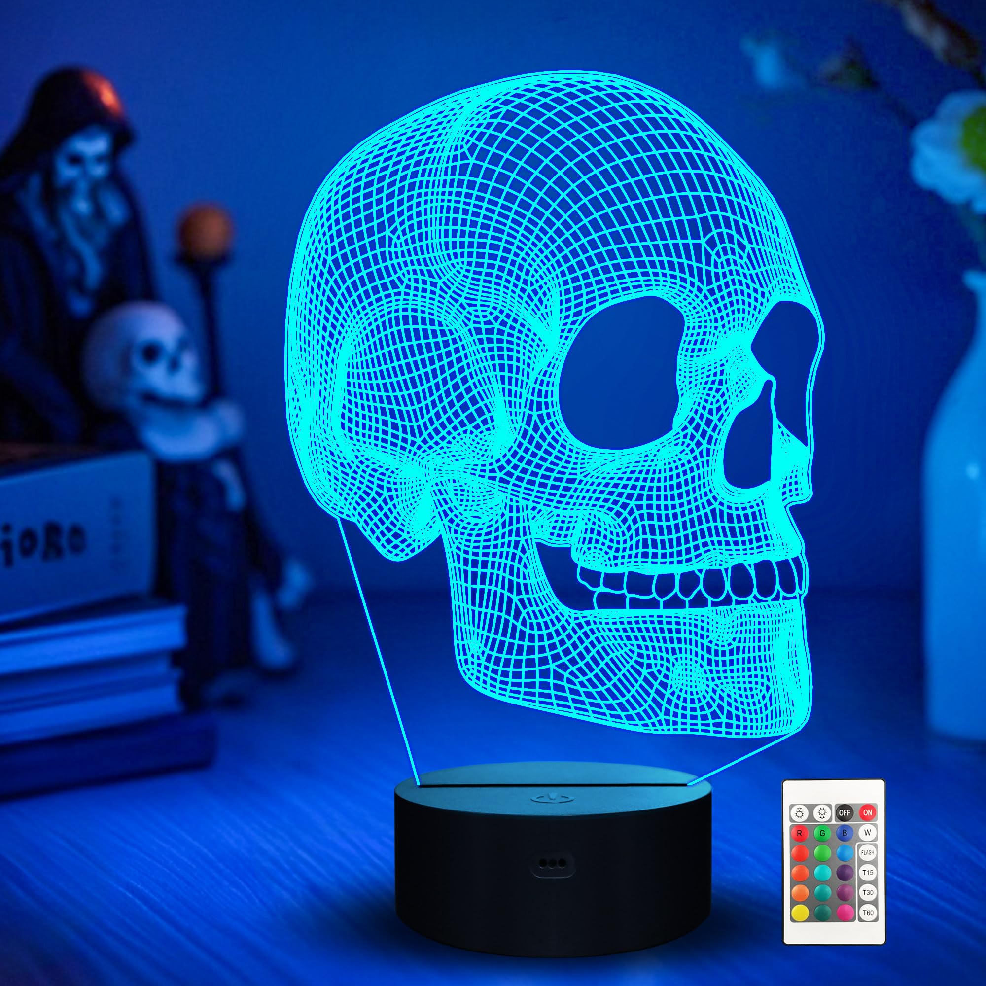 Ammonite Skull Night Light for Kids, 3D Illusion Lamp LED Desk Table Lamp 16 Colors Change with Remote Control and Timing Function, Best Christmas Halloween Birthday Gift for Child Baby Boys