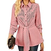GRACE KARIN Peplum Tops for Women Tie Front Striped Button Down Shirt Collared Long Sleeve Business Casual Work Office Blouse