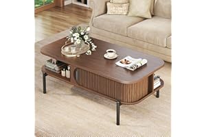 HUAHUU Coffee Table, 39.4" Mid Century Modern Coffee Tables for Living Room, Coffee Table with Storage Open Shelf, Fluted Table with Sliding Cabinet Door, 2-Tier Rustic Wood Desktop, Walnut