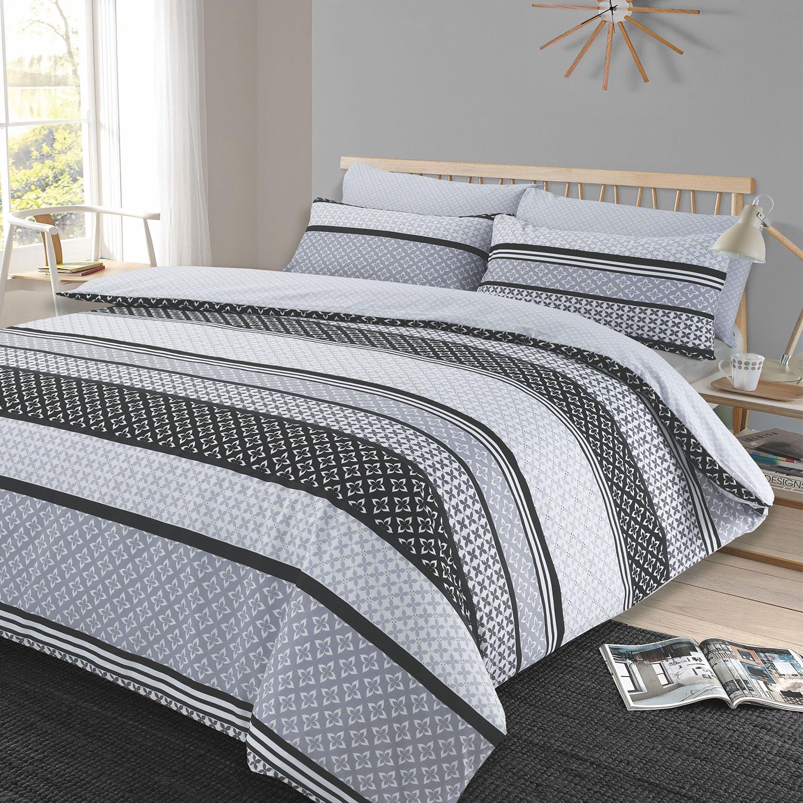 Dreamscene Duvet Cover with Pillowcase Reversible Geometric Bedding Set Lola Black Grey White - King