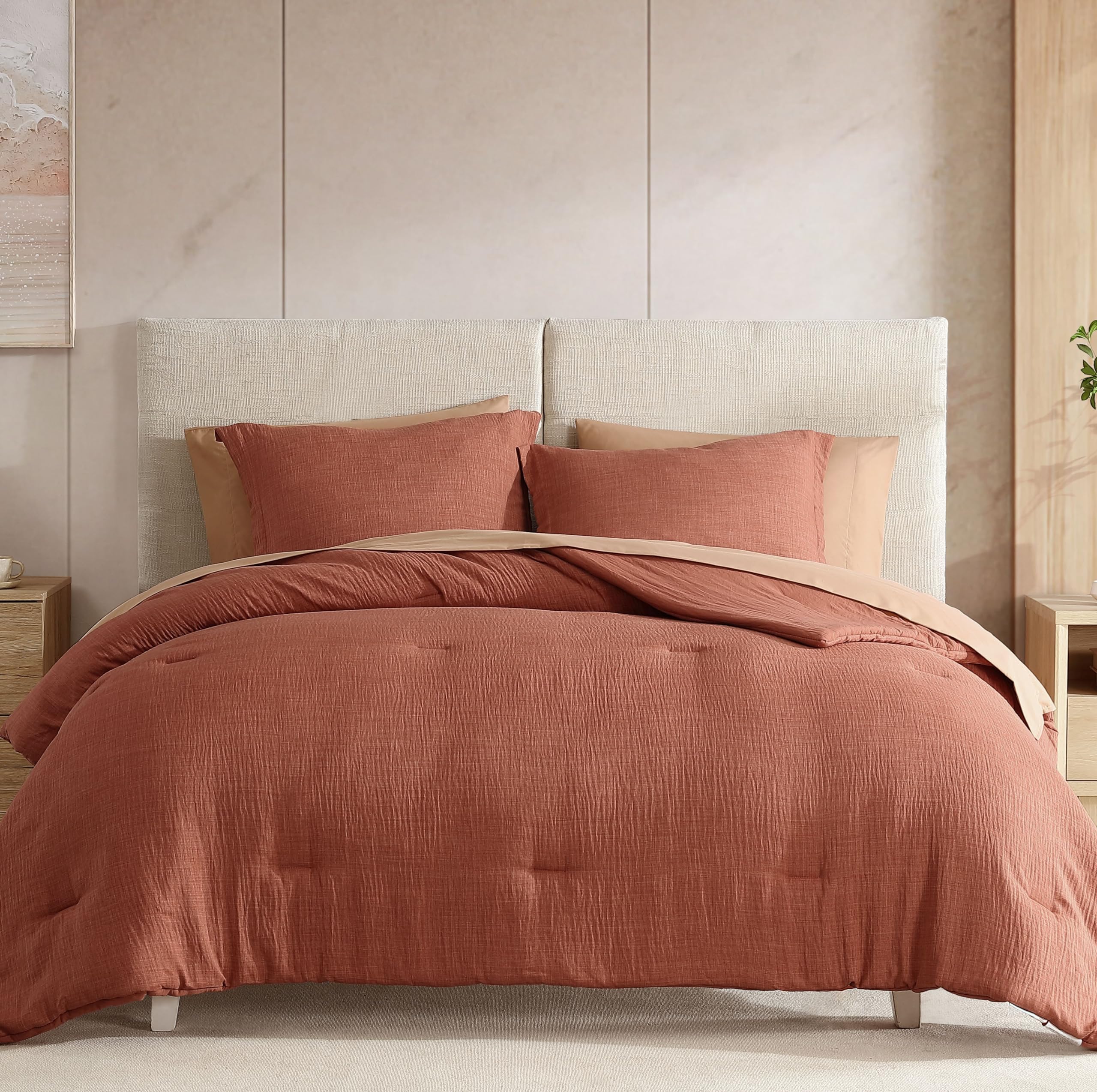 Photo 1 of Geniospin Full Size Comforter Set- 7 Pieces Terracotta Textured FULL Bedding Set, Soft Solid Bed in a Bag for All Seasons, Full Comforter Set with Sheets