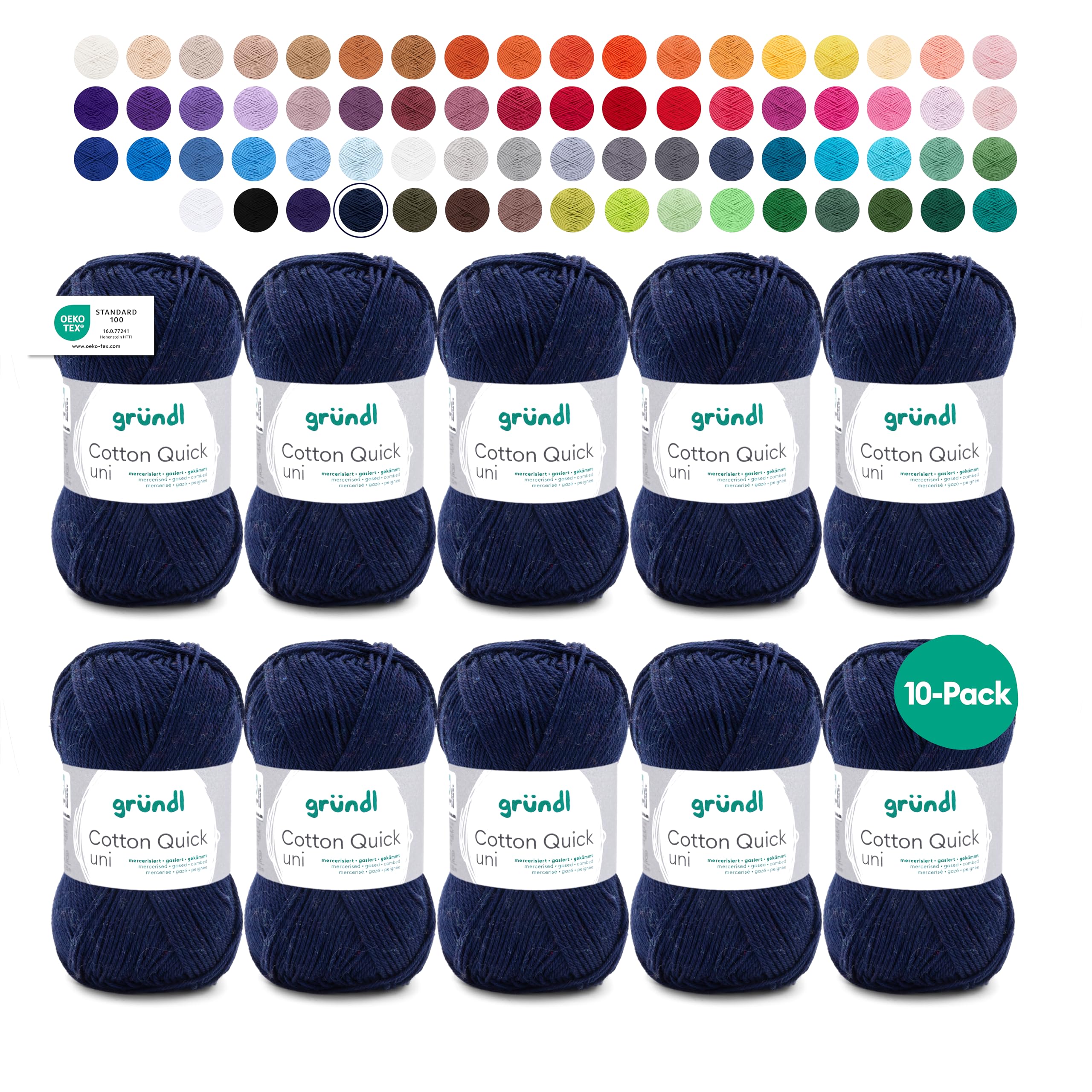 Gründl Cotton Quick Uni knitting/crochet yarn, 10 balls à 50 g (colourful yarn made of 100% cotton, OEKO-TEX certified, 50 g / 125 m, needle size: 3-4, 10 x 50 g), Dark blue