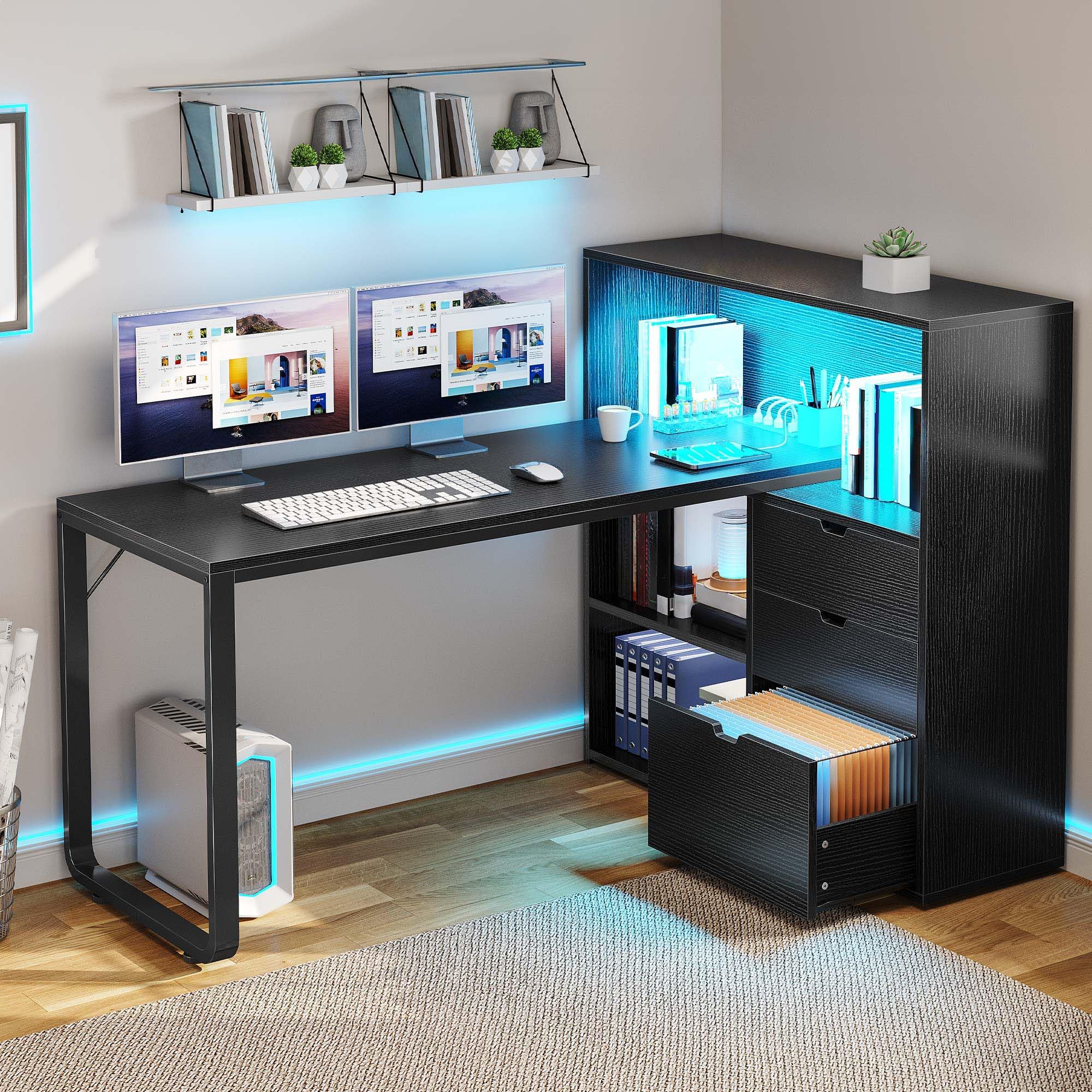 DWVO L Shaped Desk with Drawers & Power Outlets, 55