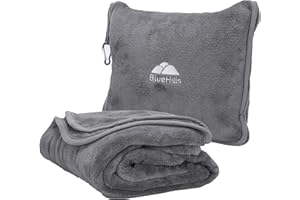 BlueHills Premium Soft Long Travel Blanket Pillow for Tall Airplane Flight Blanket Throw in Soft Bag case with Hand Luggage Belt & Backpack Clip Compact Pack Large Grey Gray T052