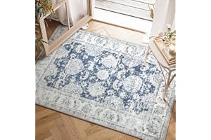jinchan Area Rug 2x3 Entryway - Non-Slip Washable Rug Vintage Rug Floral Print Indoor Small Doormat Thin Rug Retro Accent Rug for Bathroom Kitchen Living Room Bedroom Dark Blue