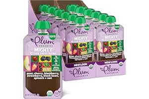 Plum Organics Mighty 4 Organic Toddler Food - Pear, Cherry, Blackberry, Strawberry, Black Bean, Spinach, and Oat - 4 oz Pouch (Pack of 12) - Organic Fruit and Vegetable Toddler Food Pouch
