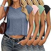Velvelhall 4 Pack Women's Cap Sleeve Shirts Basic Crop Tops Solid Crewneck T-Shirts Loose Fit Tank Summer Casual Tees