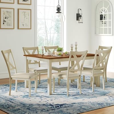 AMERLIFE 7-Piece Farmhouse Solid Wood Dining Table Set with 6 Upholstered Chairs, 60" Space Saving Dinner Table & Chairs Set, for Dining Room, Kitchen, Restaurant, Rustic Cream