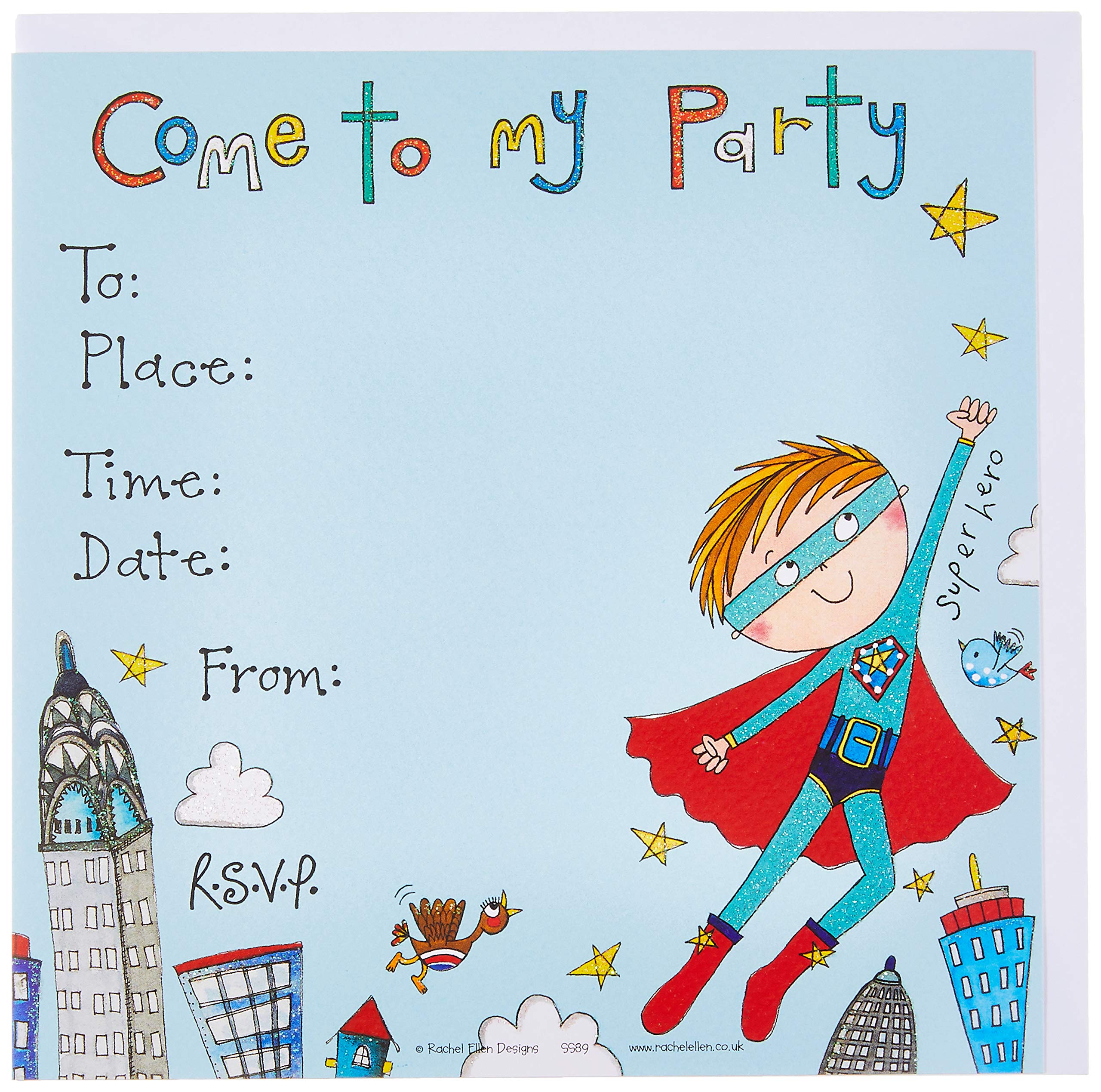 Rachel Ellen Set of 8 Children's Party Invitations - Super Hero Invites