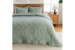 meadow park Embroidered Quilt Set Queen Size - 3 Pieces, Washed Cotton Blend Lightweight Bedspreads with Scallop Edges, Reversible Coverlets Bed Cover All Season Quilts-Green
