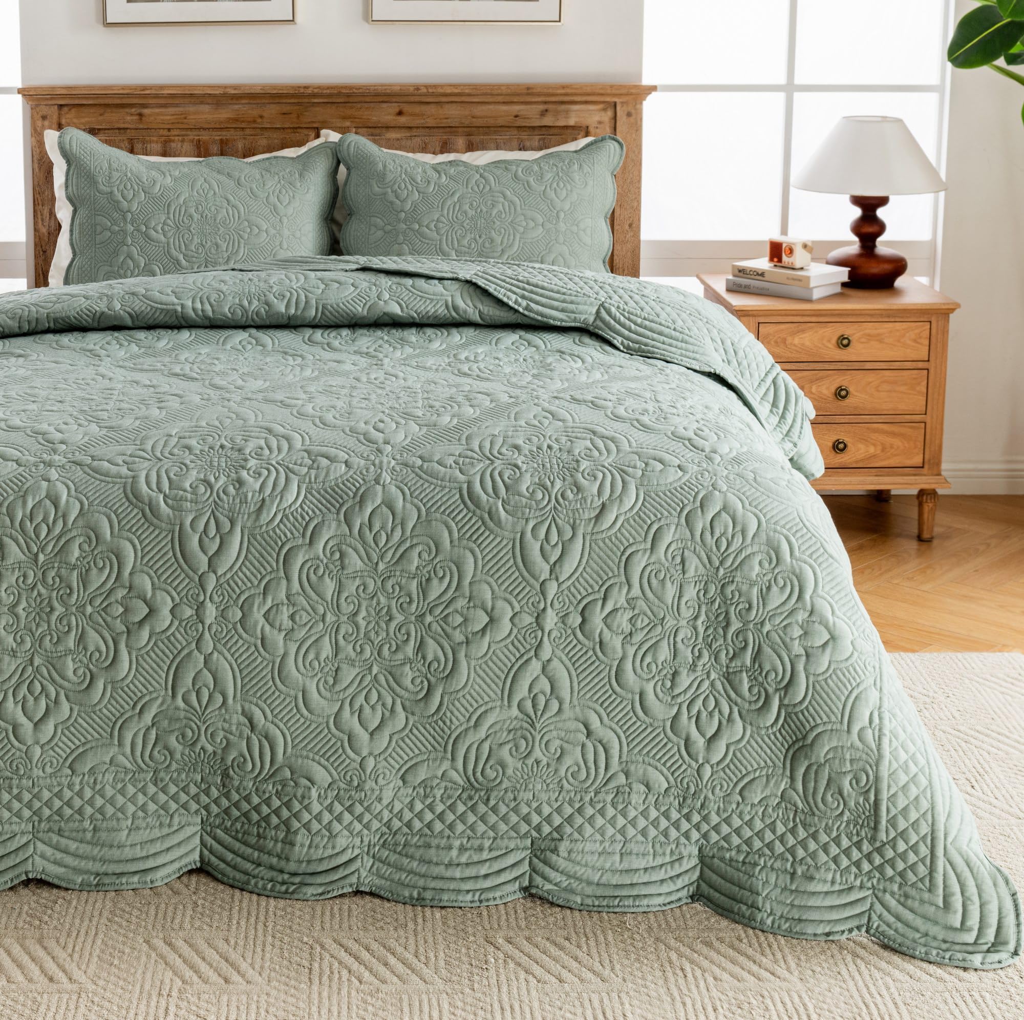 Photo 1 of meadow park Embroidered Quilt Set Queen Size - 3 Pieces, Washed Cotton Blend Lightweight Bedspreads with Scallop Edges, Reversible Coverlets Bed Cover All Season Quilts-Green