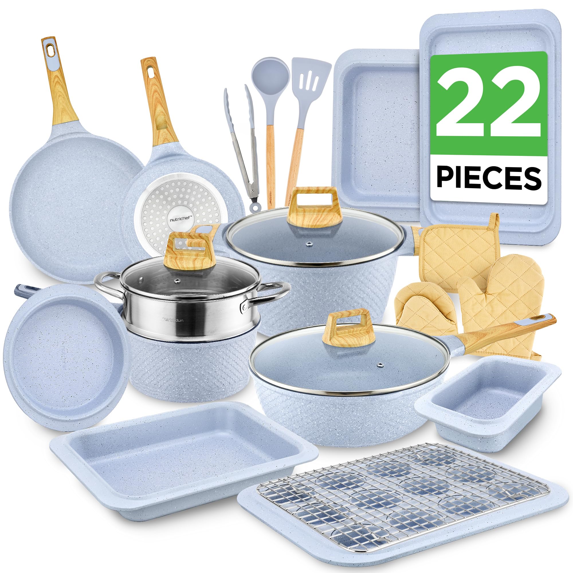 Nutrichef 22-Piece Cookware and Bakeware Set | Professional Home Kitchen Collection with Multi-Sized Pots, Pans, Non stick and Heat-Resistant Tools (Moon Grey Marble) Image