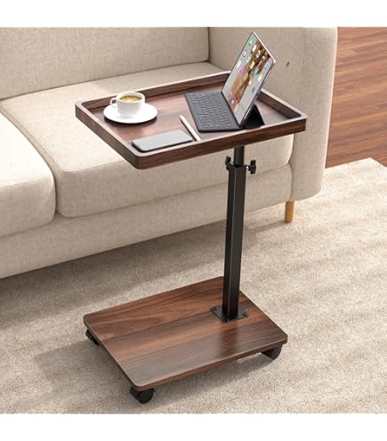 Table D'appoint En Bambou Et Métal Noir - Forme C, Hauteur Réglable 45-80cm - Parfaite Pour Lit, Canapé, Salon, Chambre Table De Lit Chevet Moderne