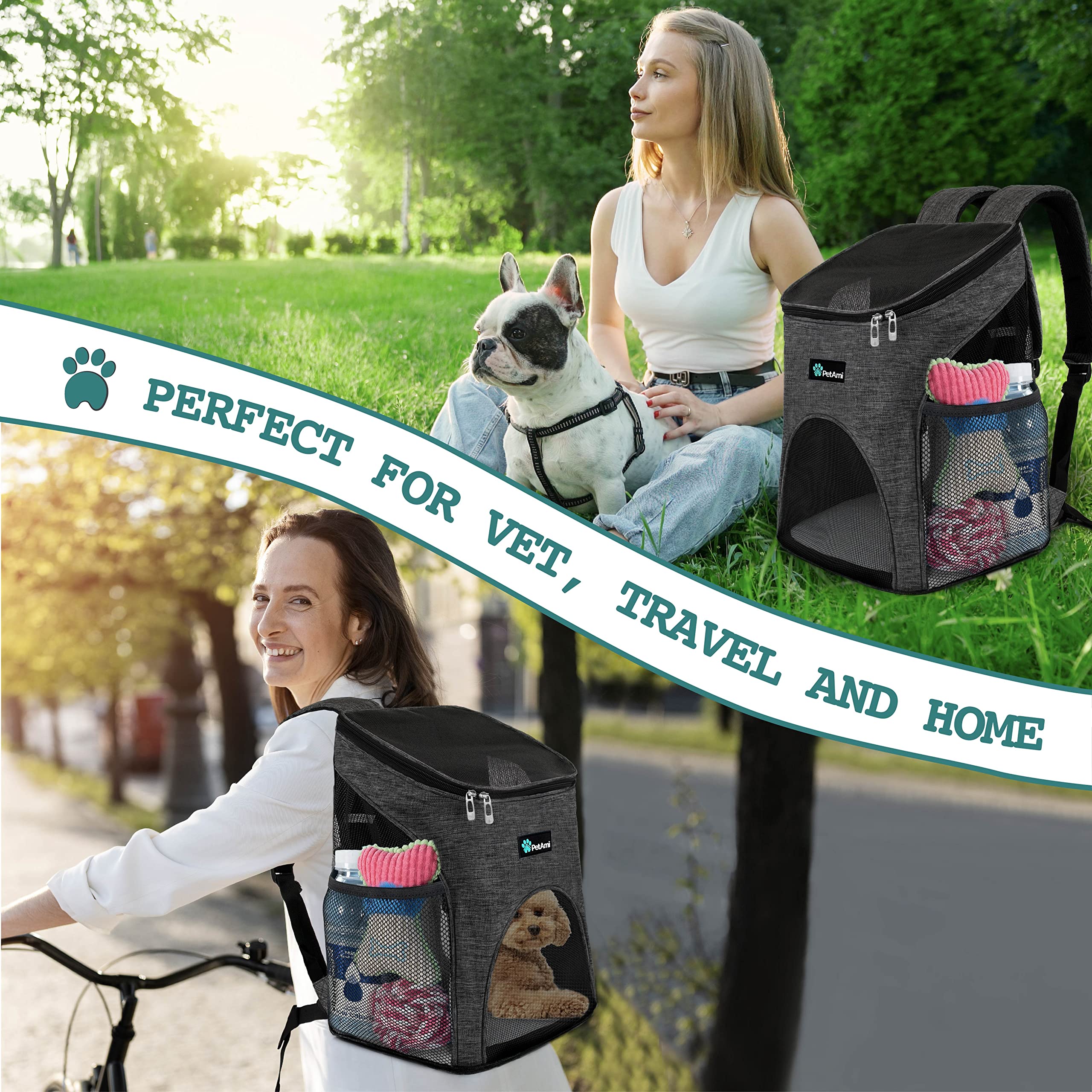 PetAmi Small Dogs and Cat Backpack Carrier, Airline Approved Pet Backpack Carrier, Ventilated, Safety Strap, Buckle Support Designed for Hiking Travel Camping Outdoor, Max 18 lbs (Gray)