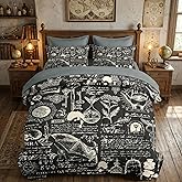 WeCozy 7 Pcs Queen Size Comforter Set with 2 Pillowcases & 2 Shams, Gothic Goth Bat Chemistry Science Bedding for Kids and Adults, Vintage Dark Academia Medieval Bed in a Bag with Flat Fitted Sheet