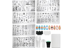 AddFavor 6pcs Nail Stamper Kit Flower Leaf Butterfly Animal Nail Stamping Plates Template Stencils with 3 Stamp and 3 Scraper for Home Salon Manicure Design Tools