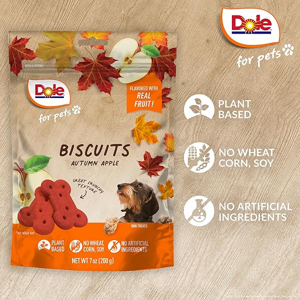 DOLE FOR PETS DOG BISCUITS AUTUMN APPLE FALL FLAVOR, REAL FRUIT FLAVOR VEGAN CRUNCHY TREATS, NO WHEAT CORN SOY OR ARTIFICIAL ADDITIVES, BITE SIZE TRAINING SNACKS FOR DOGS, 7 OZ