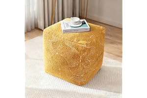 AELS Unstuffed Boho Textured Pouf Cover, Organic Modern Mid Century Rainbow Tufted Storage Bean Bag Cubes, Farmhouse Square Ottoman Pouf Foot Rest Footstool, 18"x18"x18", Cover ONLY, Mustard Yellow