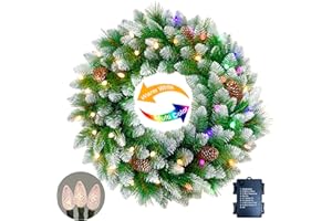 Assilyraft 26 inches Pre-lit Snow-Kissed Artificial Christmas Wreath with Pine Cones, 40 C3 Dual-Color Multi-Functional Battery Operated LED Lights with Timer