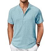 COOFANDY Men's Casual Henley Shirt Short Sleeve Summer Shirts Linen Band Collar Summer Beach Hippie T-Shirts