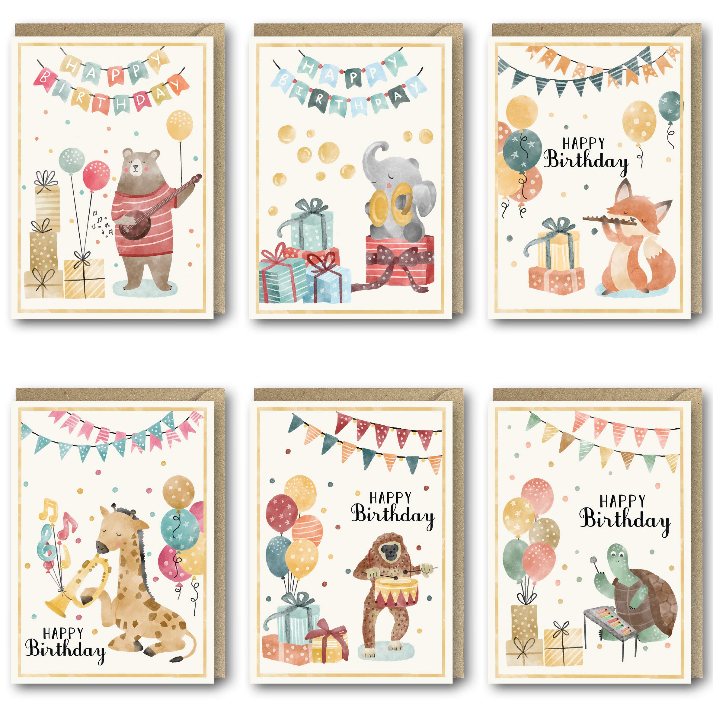 Birthday Cards Multipack of 24. Each Birthday Card Box Includes 6 Musical Animal Happy Birthday Card Designs. Blank Inside. Bulk Birthday Cards and Envelopes by Absolutely Yours.