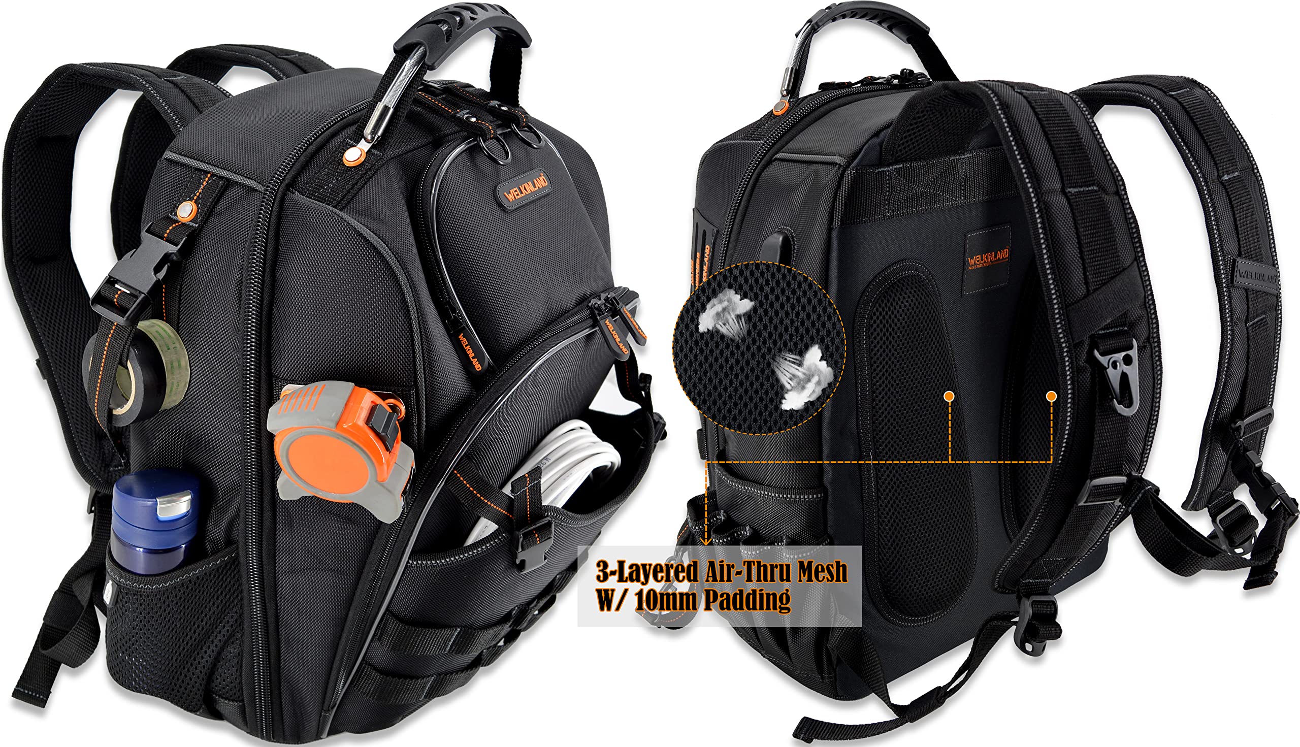 66-Pockets Tool Bag, Heavy-Duty Jobsite back pack for electricians, construction, men