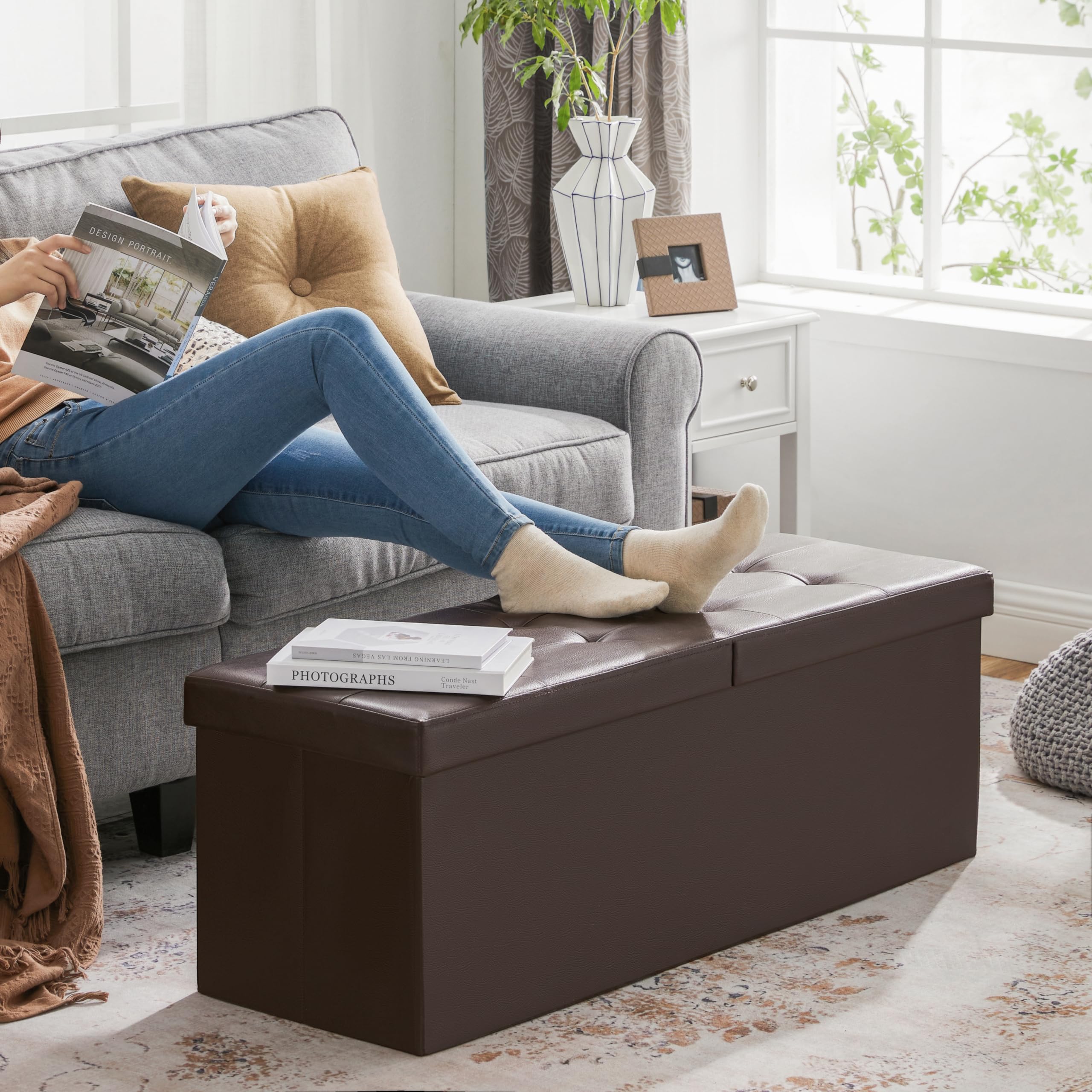 SONGMICS 43 Inches Folding Storage Ottoman Bench with Flipping Lid, Storage Chest Footrest Padded Seat with Iron Frame Support, Brown ULSF75BR