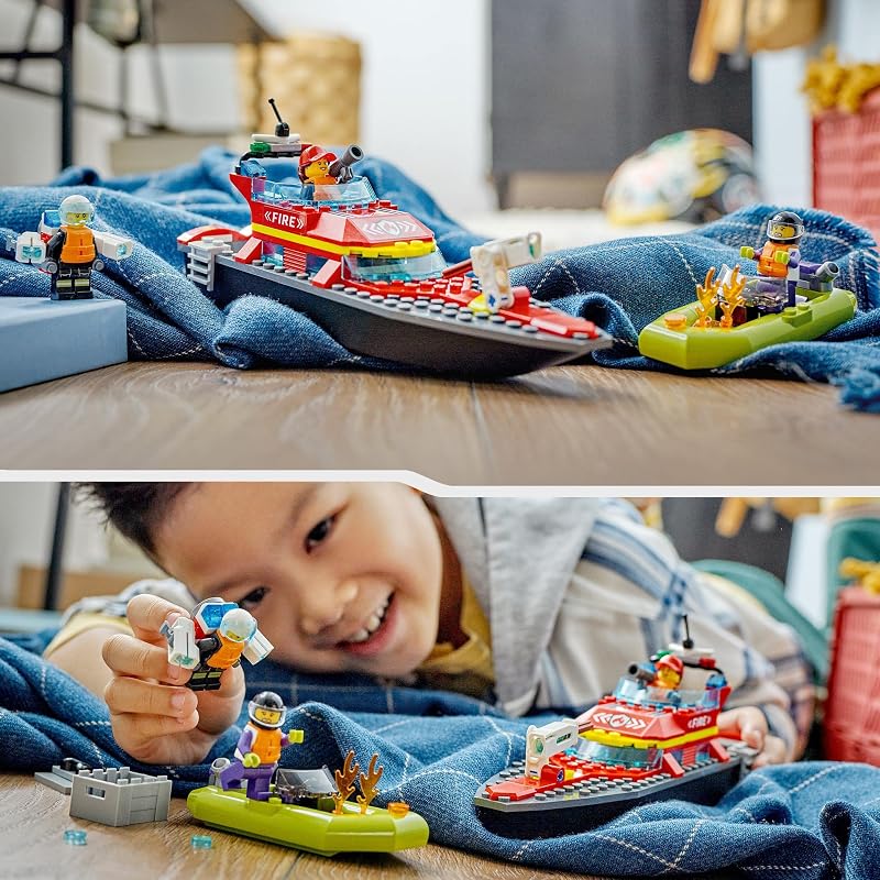 Lego city barco de resgate de incêndio e zodíaco, barcos flutuantes, mochila auxiliar, brinquedos de banho para meninos e meninas de 6 anos ou mais 60373