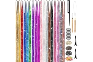 GRENNMAULER Hair Tinsel Kit (48 Inch,18 Colors, 4320 strands), Tinsel Hair Extensions with Tools, Heat Resistant Fairy Hair Tinsel Kit for Women Hair Accessories