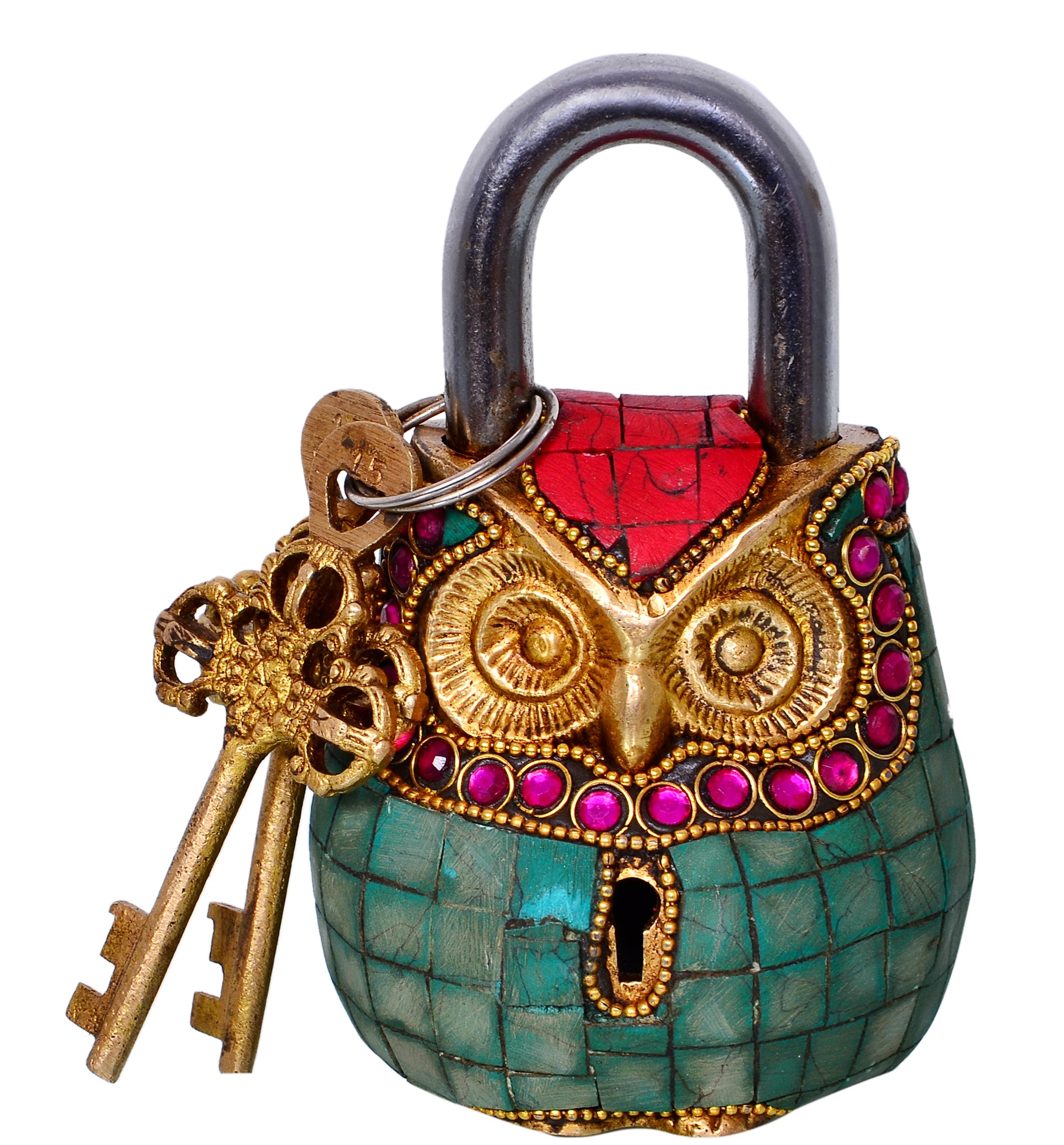 Purpledip Owl Shaped Brass Lock Padlock: Handmade Antique Design with Colorful Gemstone Work; Unique Collectible Combination of Style & Security (10684)
