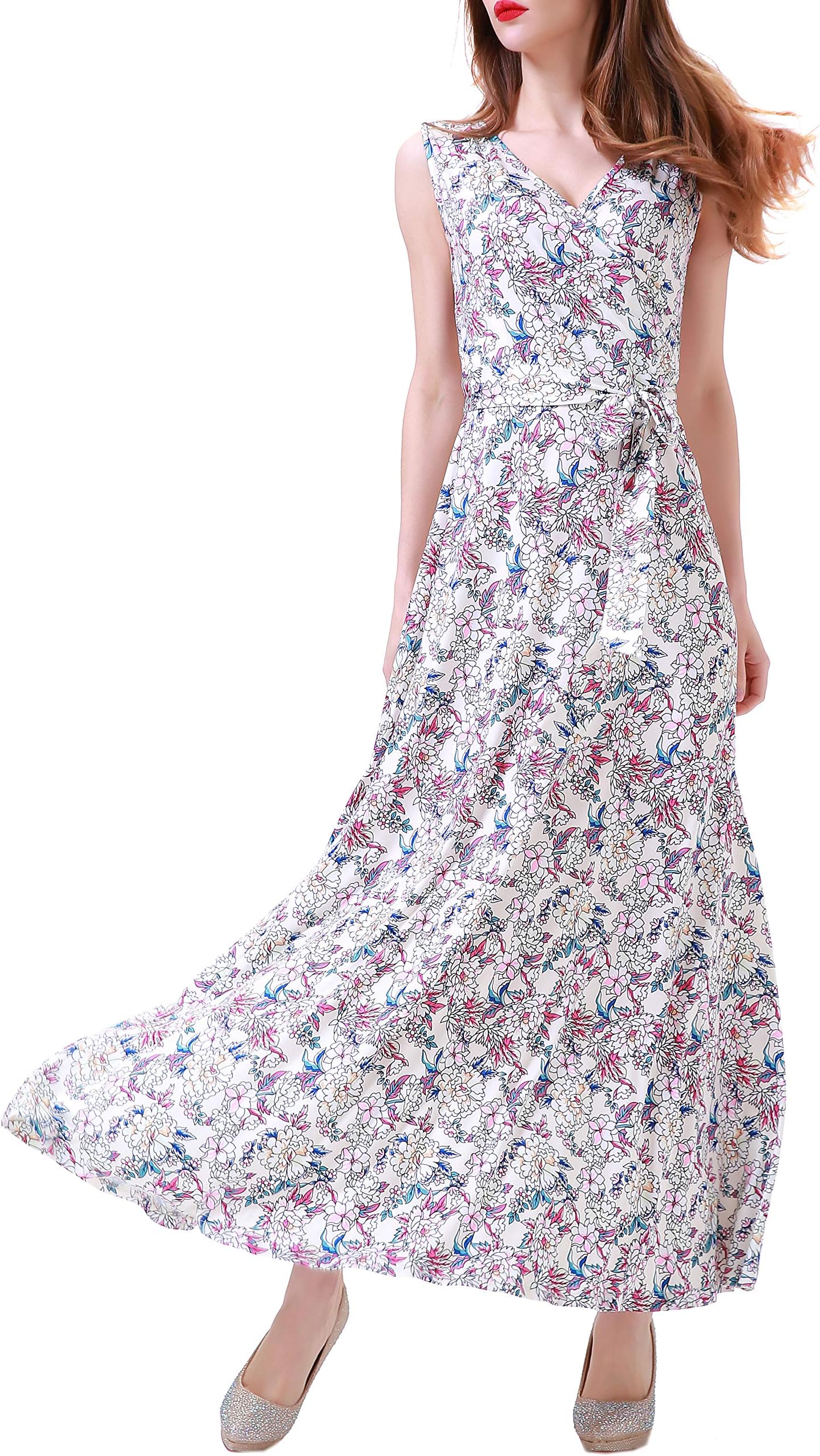 Women's Bohemian Sleeveless V Neck Faux Wrap Long Floral Maxi Dress