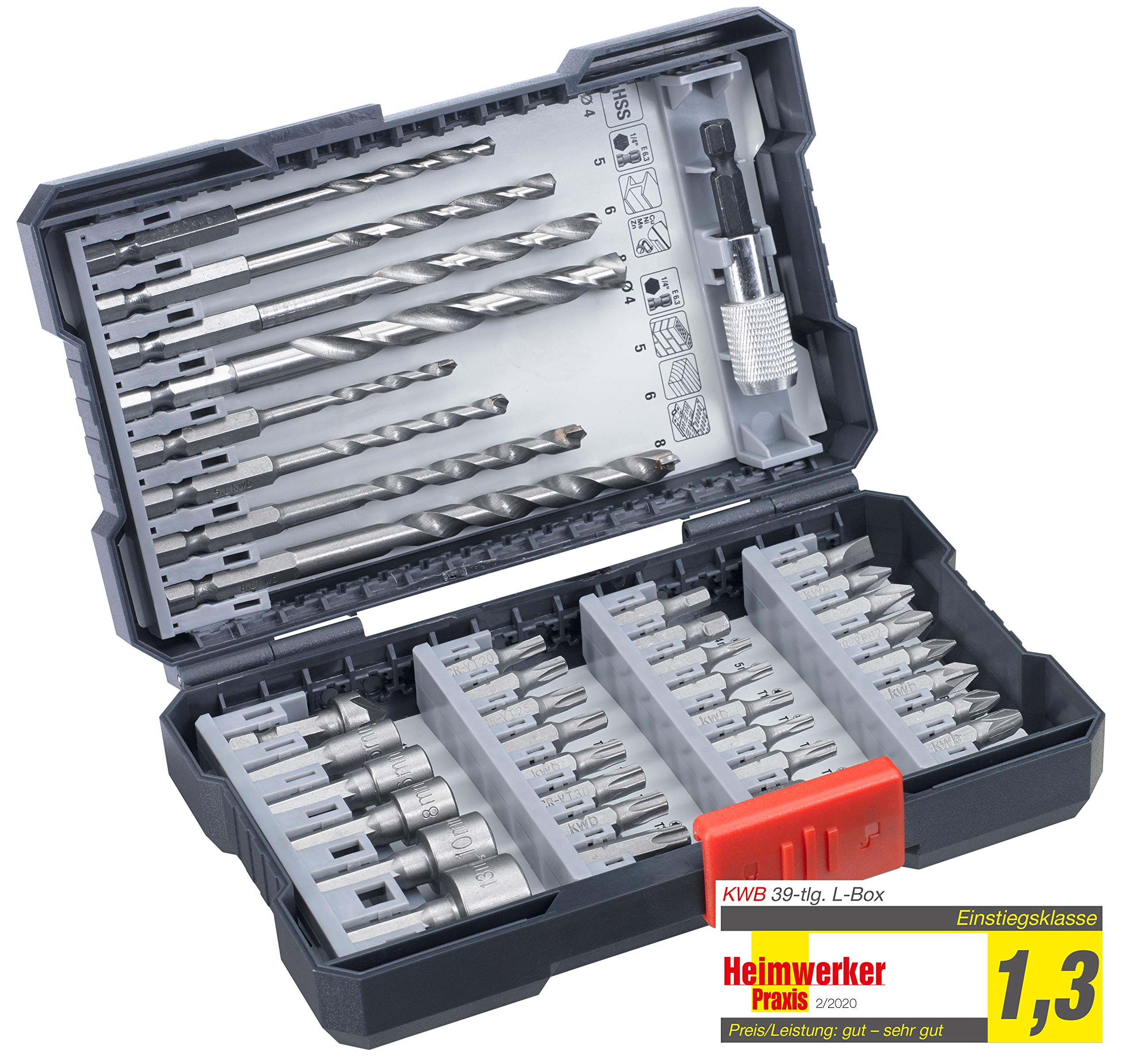 kwb 39-Piece Drill Box with Hex Shank, HSS Metal Drills, Stone Drills, and Assorted Bits (PH, PZ, TX), Including Countersink, Bit Holder, and Socket Bits