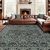 Woaboy Washable 8x10 Area Rug for Living Room Bedroom Dining Room Under Kitchen Table,Non-Slip Low Pile Stain Resistant Soft Large Carpet for Vintage Floral Oriental Home Decor Dark Green/Navy/Black