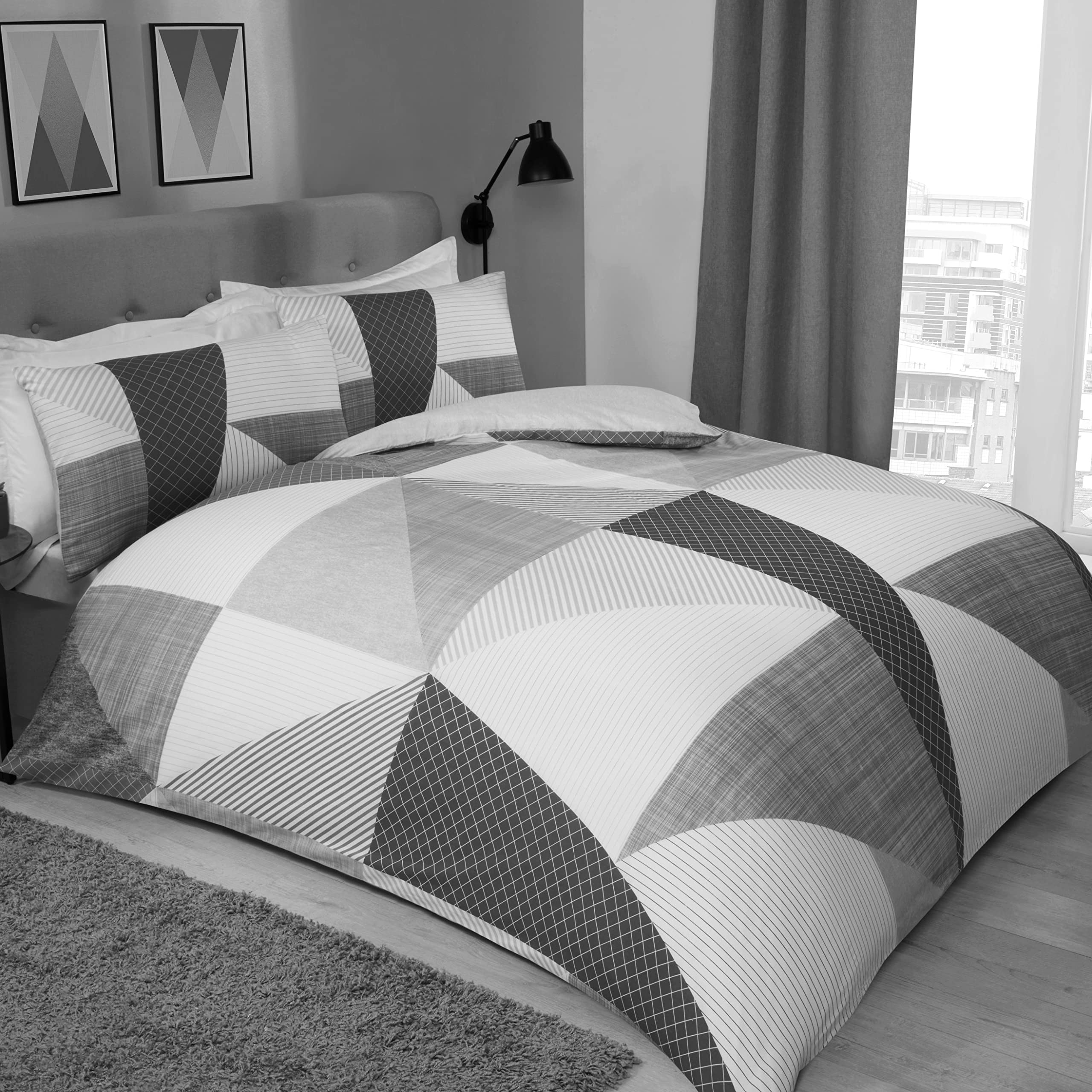 Sleepdown Splice Geometric Mono Black White Soft Easy Care Duvet Cover Quilt Bedding Set with Pillowcases - Double (200cm x 200cm)