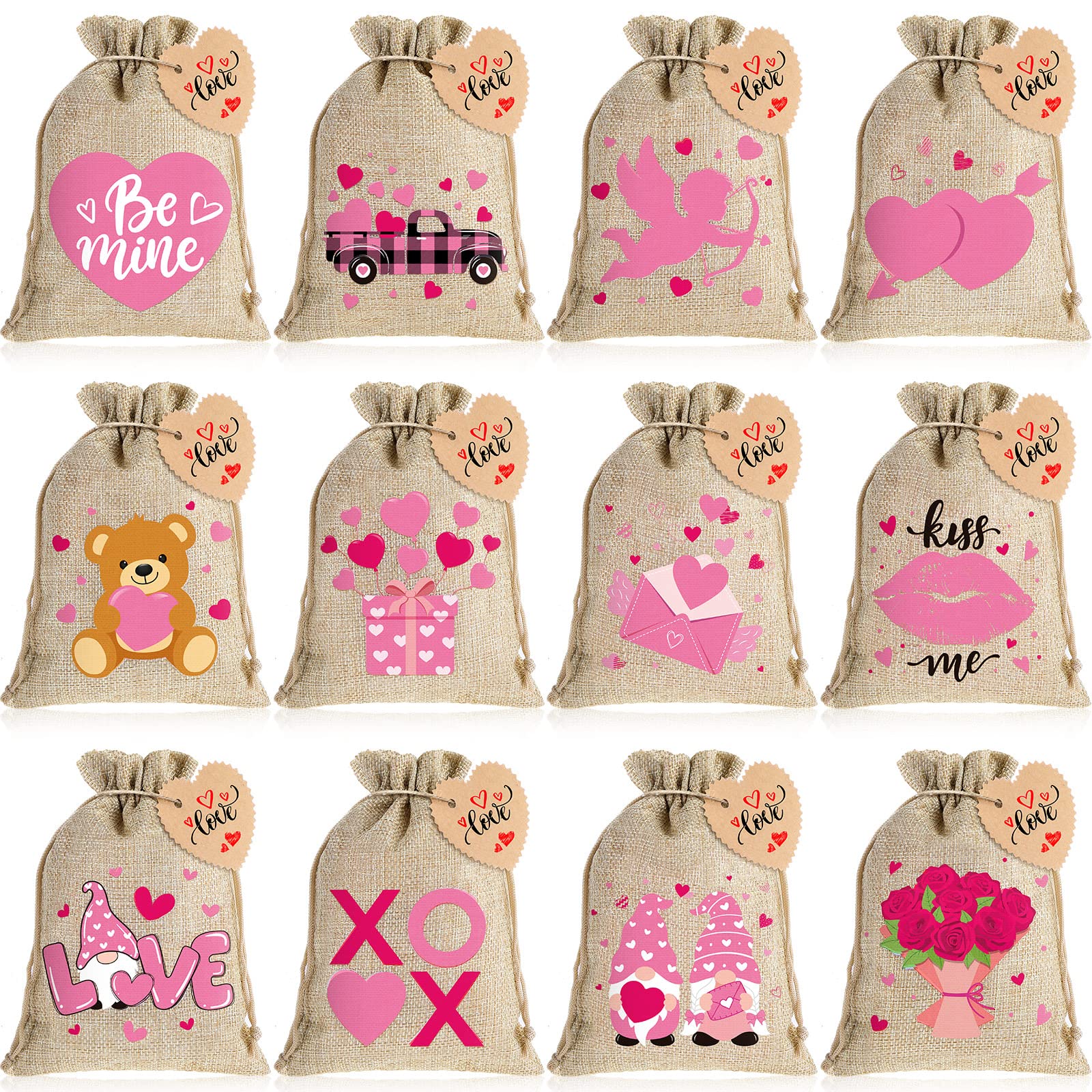 Shappy 24 Pieces Valentine's Day Burlap Bags Heart Burlap Drawstring Gift Bags with Kraft Paper Tags Love Treat Goody Bag for Valentines Candy DIY Craft Wedding Party(Vivid Style)