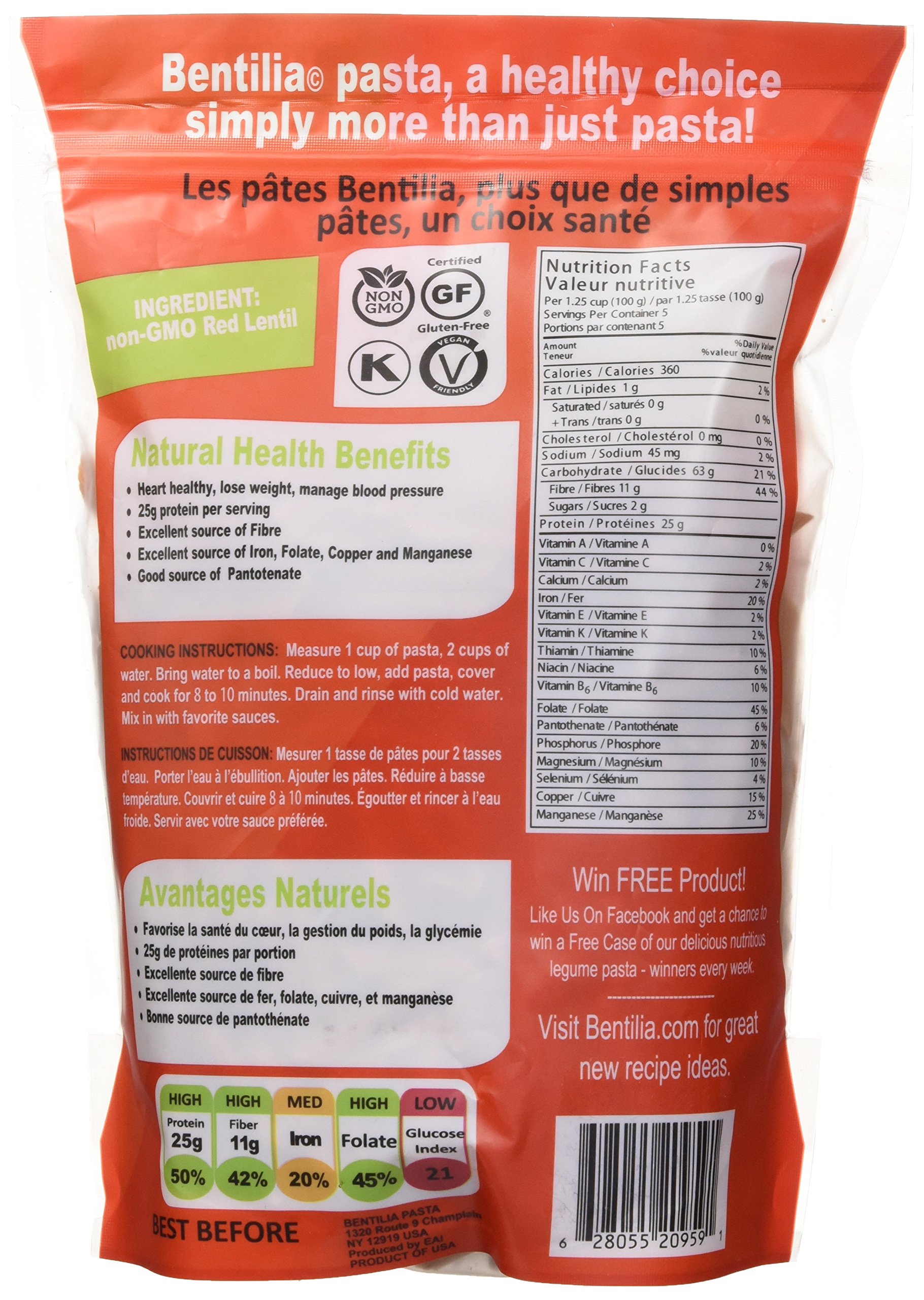 Bentilia Lentil Pasta, Red Lentil Penne 1 lb, Bag; 100 Natural, Low